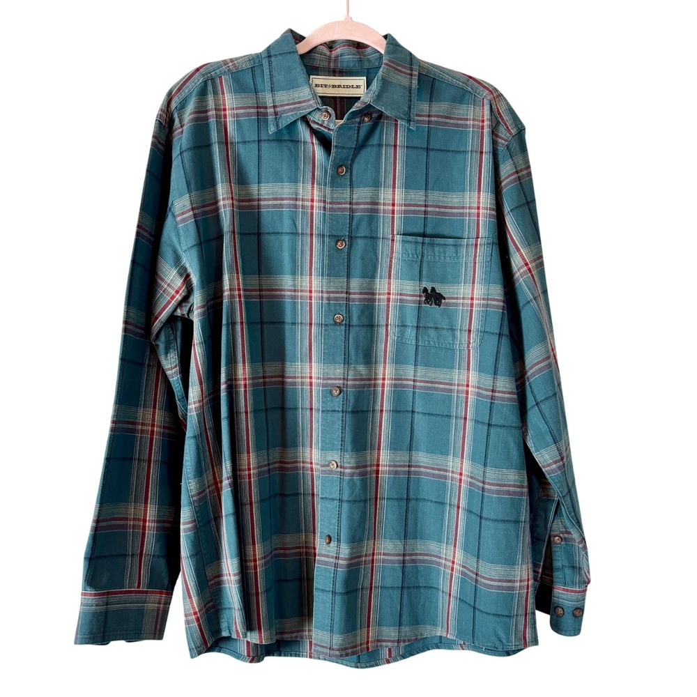 Bit & Bridle Plaid Button Down Shirt Mens Large Teal Blue Cotton Western Country
